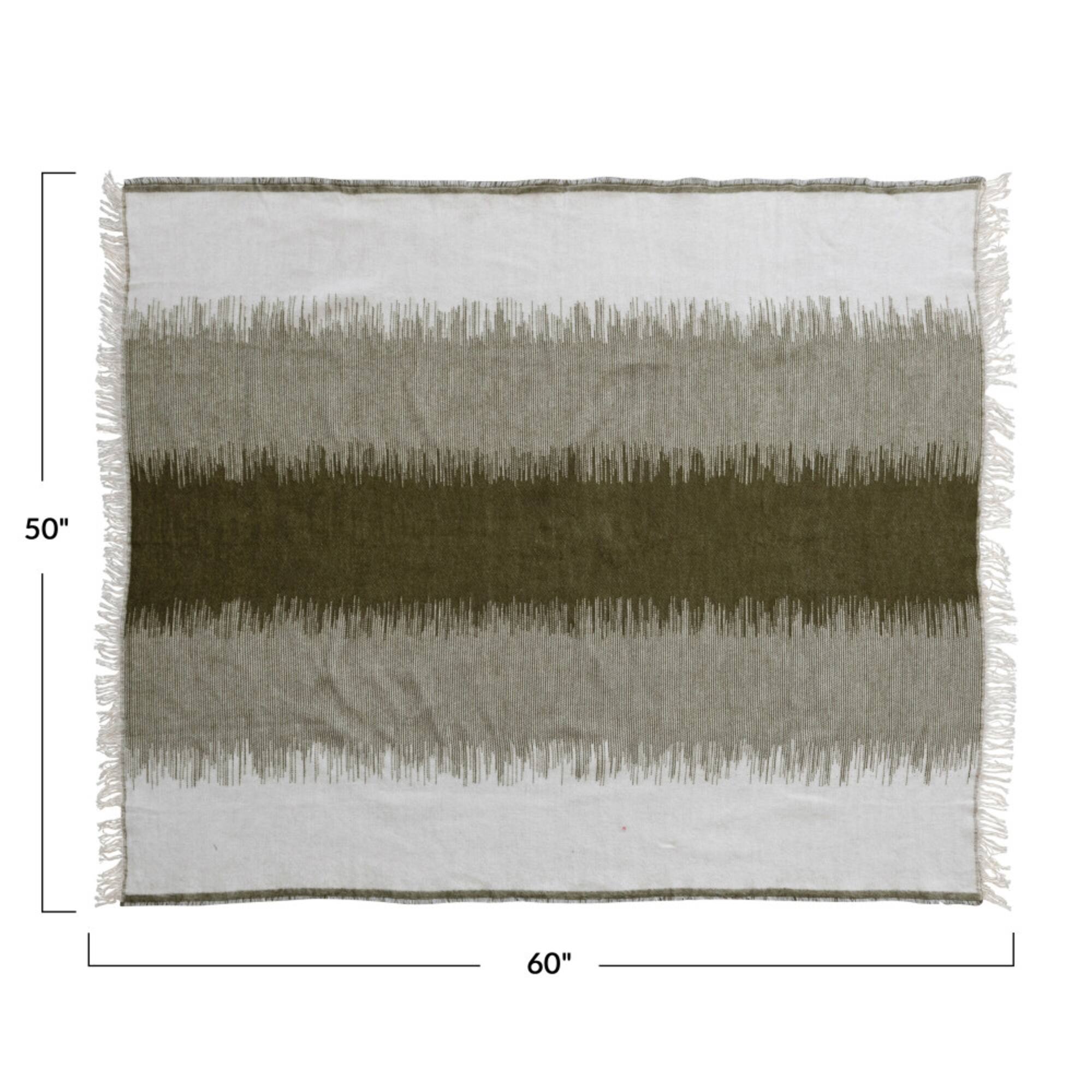 Hello Honey® Green and White Woven Cotton Blend Throw Blanket with Stripes and Fringe